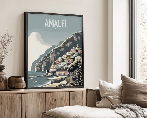 Art print featuring a stylized illustration of Amalfi, Italy with coastal scenery and buildings on a cliff.