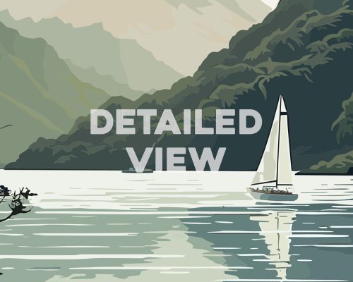 Illustration of a sailboat on calm water with mountains and trees in the background.