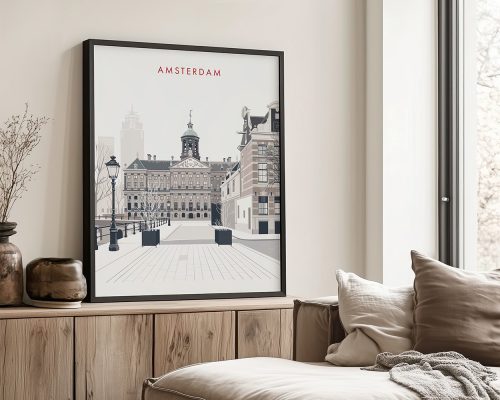 Framed artwork of Amsterdam featuring a cityscape with a prominent building and trees.