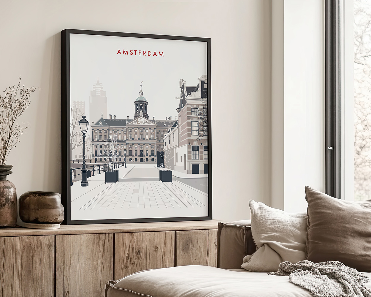 Framed artwork of Amsterdam featuring a cityscape with a prominent building and trees.