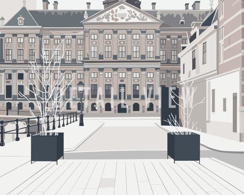 Minimalist illustration of a street scene in Amsterdam featuring buildings and planters.