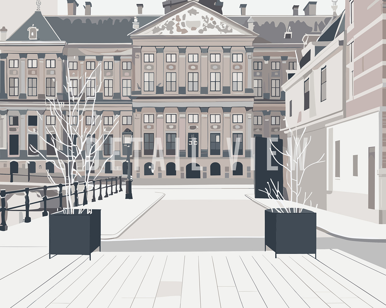 Minimalist illustration of a street scene in Amsterdam featuring buildings and planters.