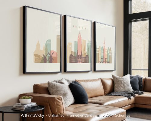 Three framed art prints depicting a stylized Amsterdam cityscape with notable buildings.