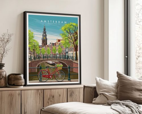 Framed wall art print of Amsterdam featuring a bicycle and canal scene.