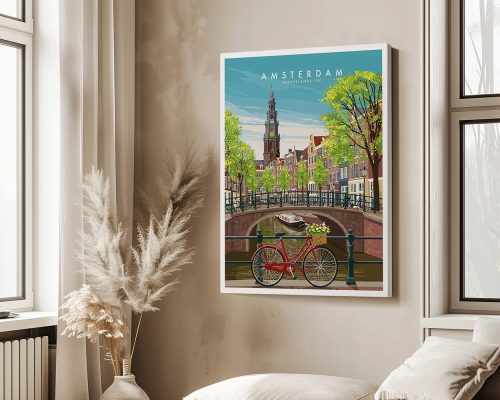 Framed wall art print featuring a bicycle with flowers in front of a canal in Amsterdam.