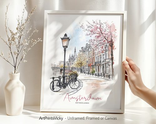 Illustration of Amsterdam featuring a bicycle, trees, and a canal with a lamp post.