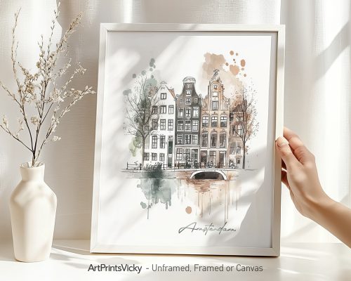 Framed illustration of Amsterdam's canal houses with watercolor splashes in soft colors.
