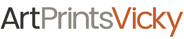 Logo of ArtPrintsVicky featuring stylized text in black, gray, and orange colors.