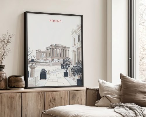Minimalist artwork depicting the Acropolis in Athens with a neutral color palette.