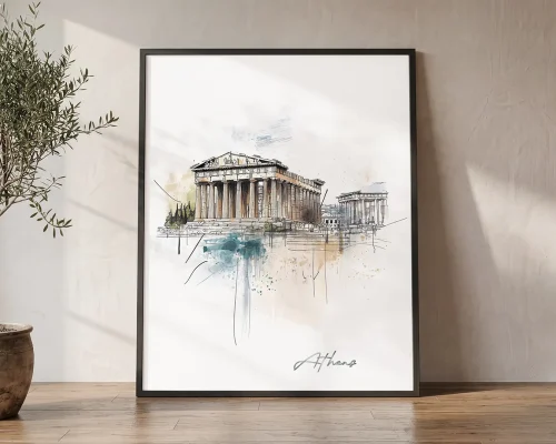 Athens Skyline Drawing — Watercolor Wall Art Print | ArtPrintsVicky