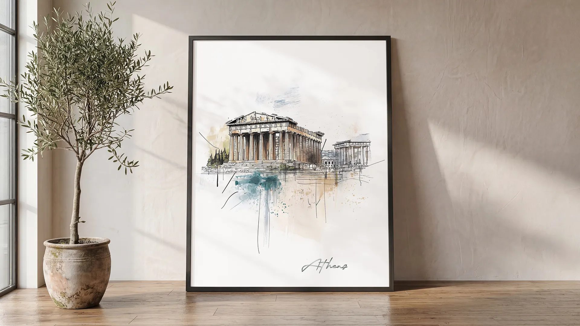Athens Skyline Drawing — Watercolor Wall Art Print | ArtPrintsVicky