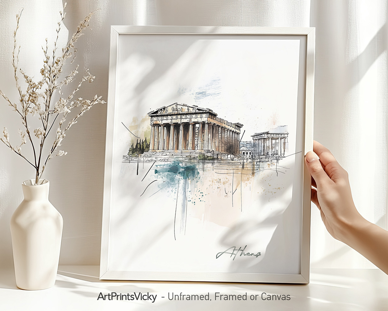 Illustration of the Parthenon in Athens displayed in a white frame with a vase nearby.