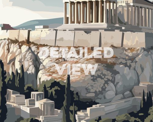 Illustration depicting the Acropolis with the Parthenon and surrounding structures in Athens.