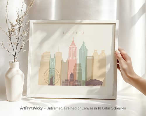 Art print of Atlanta skyline featuring notable buildings and structures in a minimalist design.