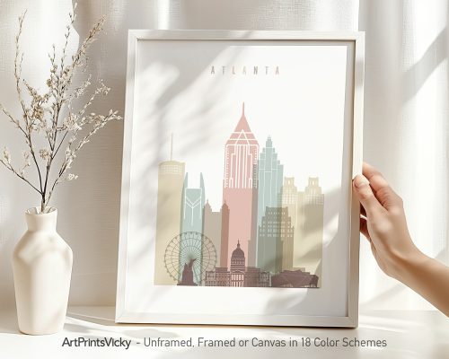 Framed cityscape print of Atlanta featuring notable buildings and landmarks in pastel colors.