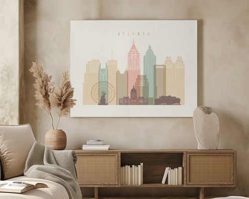 Stylized illustration of the Atlanta skyline featuring notable buildings and landmarks.