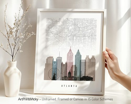 Art print of a map of Atlanta featuring key buildings and landmarks in a minimalist design.