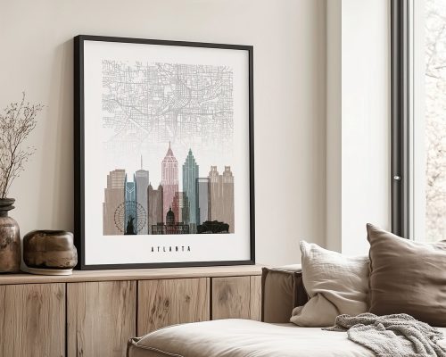 Illustrated map of Atlanta featuring a skyline and key landmarks in a detailed design.