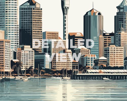 Illustration of Auckland city skyline with buildings and water reflections.