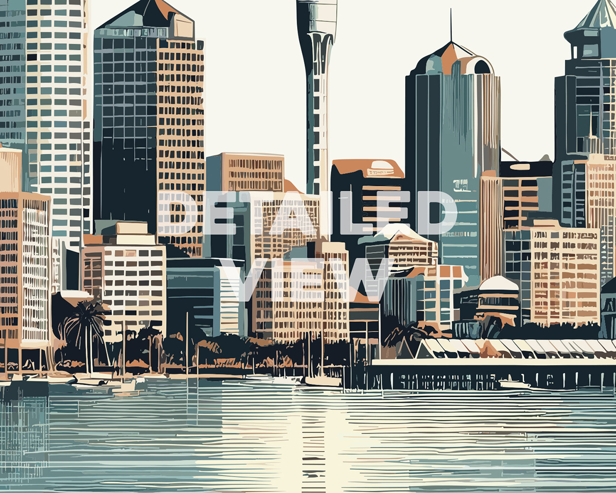 Illustration of Auckland city skyline with buildings and water reflections.