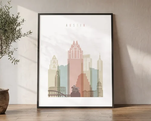 Austin Skyline Wall Art Pastel White Print | ArtPrintsVicky