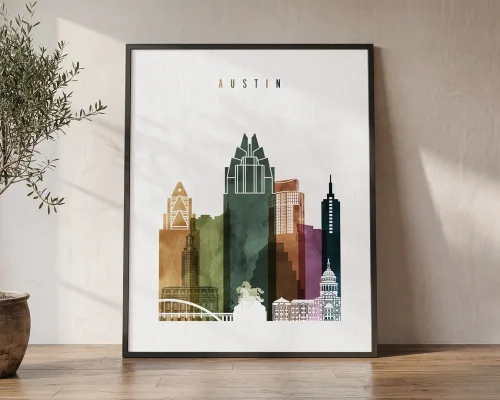 Austin Skyline Wall Art Vibrant Watercolor Print | ArtPrintsVicky