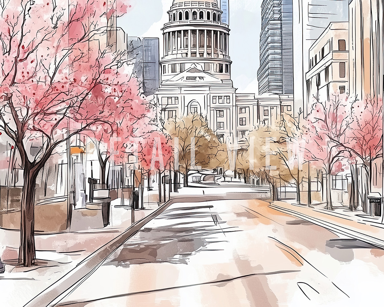 Austin in watercolor drawing with soft pastel tones, detailed photo