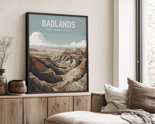 Framed poster of Badlands National Park featuring a stylized landscape illustration.
