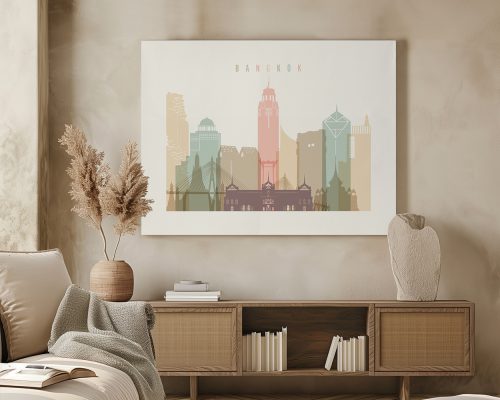 Artistic representation of Bangkok's skyline featuring various buildings in soft colors.