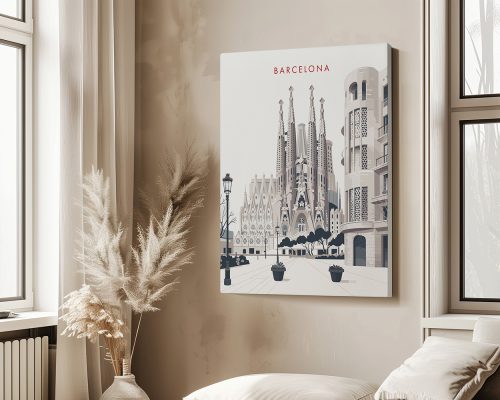 Minimalist artwork depicting the Sagrada Familia and surrounding architecture in Barcelona.