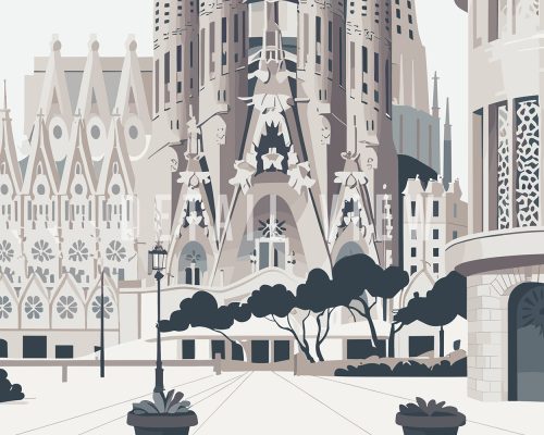 Minimalist illustration of architectural elements in Barcelona featuring intricate designs and muted colors.