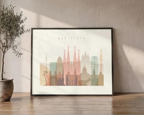 Barcelona Skyline Wall Art Cream Pastel Poster | ArtPrintsVicky