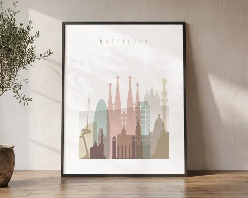 Barcelona Skyline Wall Art Pastel White Print | ArtPrintsVicky