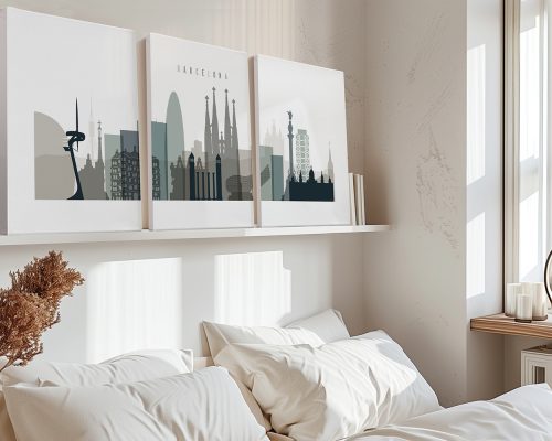 Three-panel artwork depicting a cityscape of Barcelona with notable architectural features.