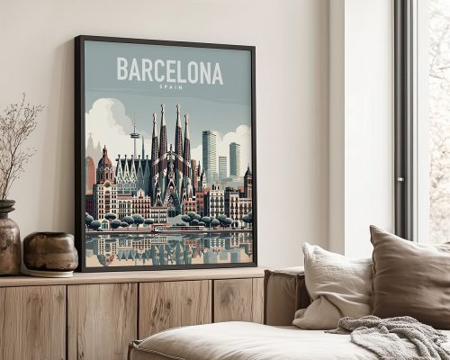 Framed print of Barcelona featuring the Sagrada Familia and skyline with the text 'Barcelona, Spain'.