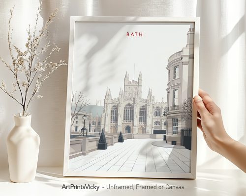 Art print of Bath featuring a minimalist design of the city with a prominent building and the word 'BATH'.