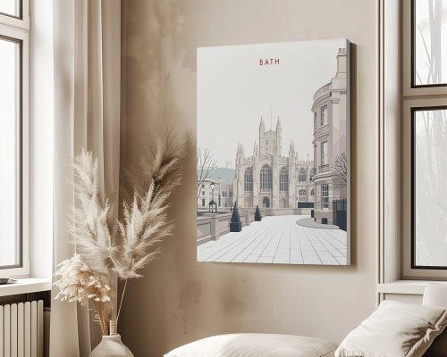 Minimalist artwork depicting the city of Bath with architectural features and a clear sky.