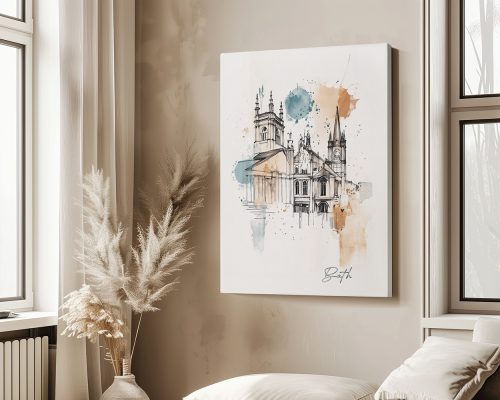 Architectural drawing of Bath, UK, featuring detailed outlines and watercolor accents.