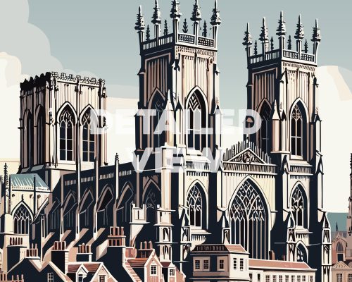 Illustration of a Gothic cathedral featuring tall towers and intricate architectural details.