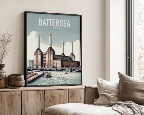 Framed print of Battersea Power Station with a blue sky and clouds in the background.