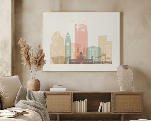 Illustration of Belfast cityscape featuring various buildings and landmarks in pastel colors.
