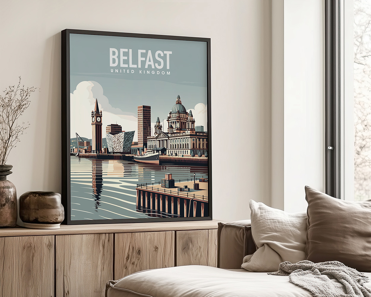 Art print of Belfast featuring notable buildings and skyline reflected in water.