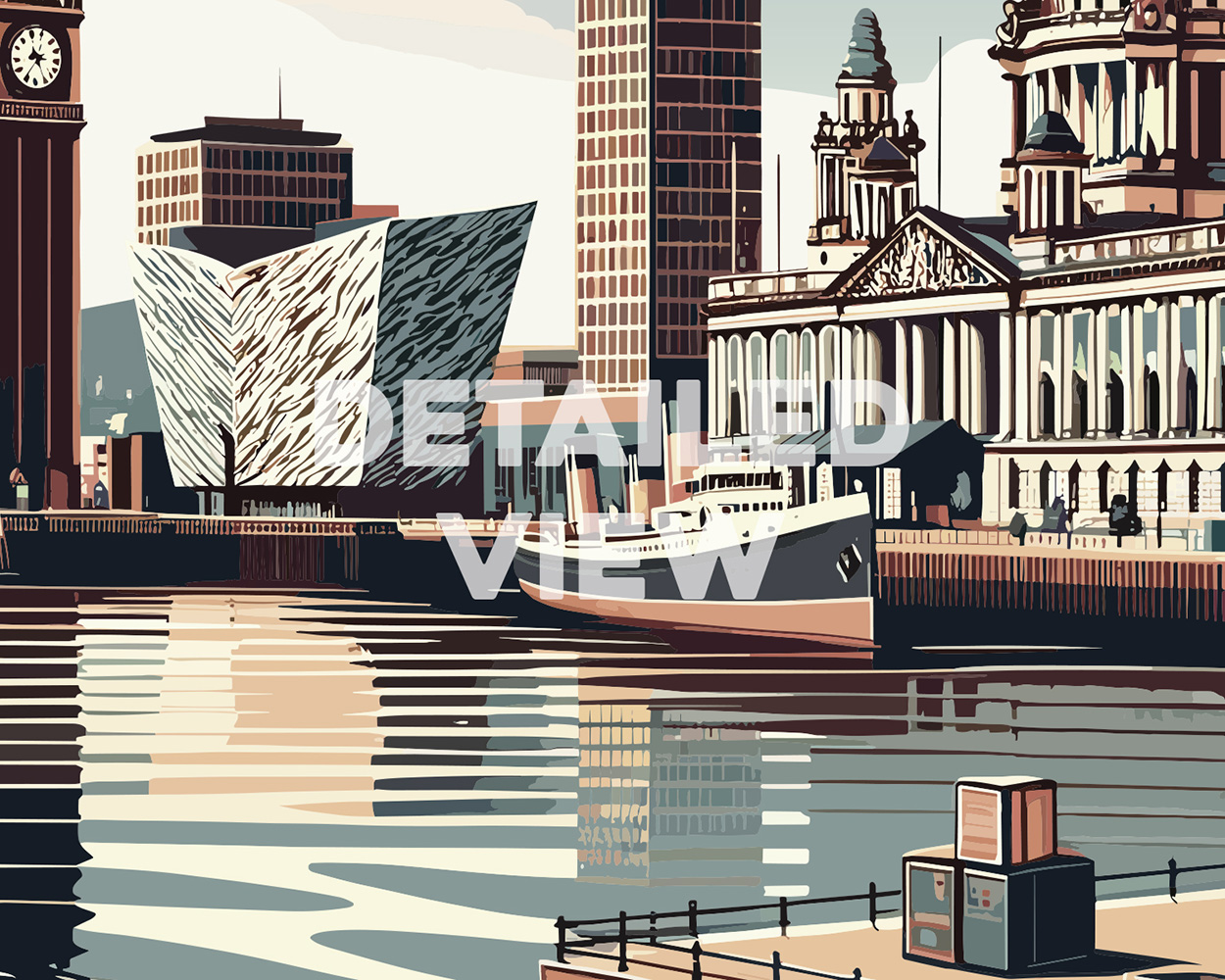 Illustration of Belfast cityscape featuring the Titanic Belfast building and surrounding architecture.