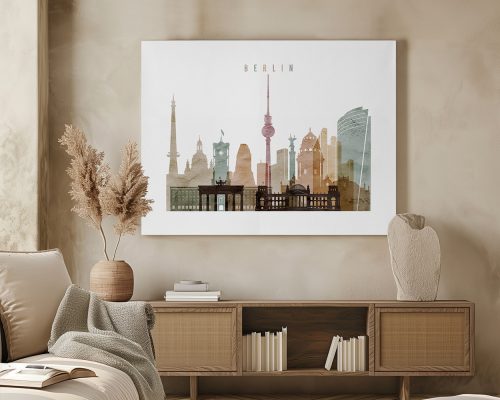 Artistic depiction of Berlin's skyline featuring various iconic buildings and landmarks.