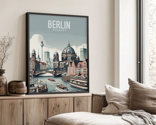 Illustration of Berlin featuring the Berlin Cathedral and television tower with boats on the river.