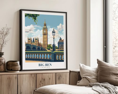 Framed artwork of Big Ben and the Houses of Parliament in London, featuring a blue sky and decorative elements.