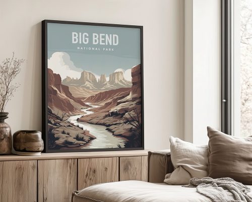 Illustrative artwork of Big Bend National Park featuring mountains and a river in a framed display.