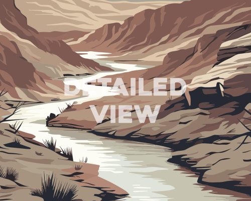Illustration depicting a winding river flowing through a desert landscape with mountains in the background.