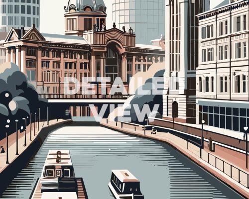 Illustration depicting a canal in Birmingham with buildings and boats along the waterway.
