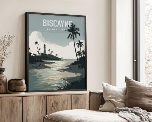 Framed artwork depicting Biscayne National Park with palm trees and a coastal view.